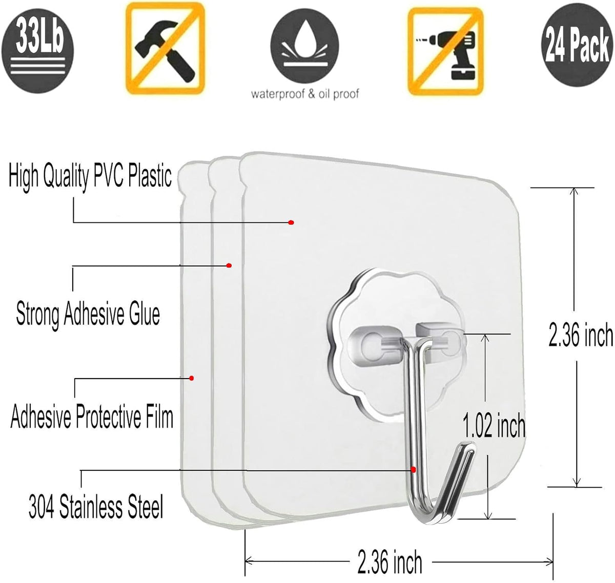 Jwxstore 24 Pack Self Adhesive Hooks Heavy Duty - 33lb Max, Transparent