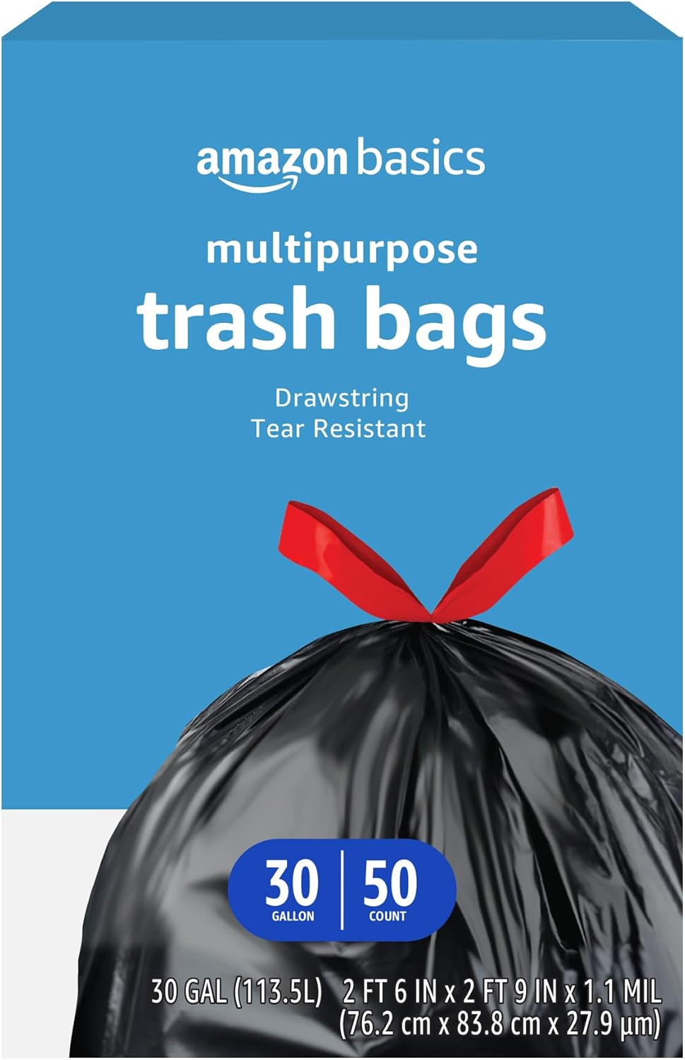 Amazon Basics Multipurpose Drawstring Trash Bags, 30 Gallon Capacity, Tear