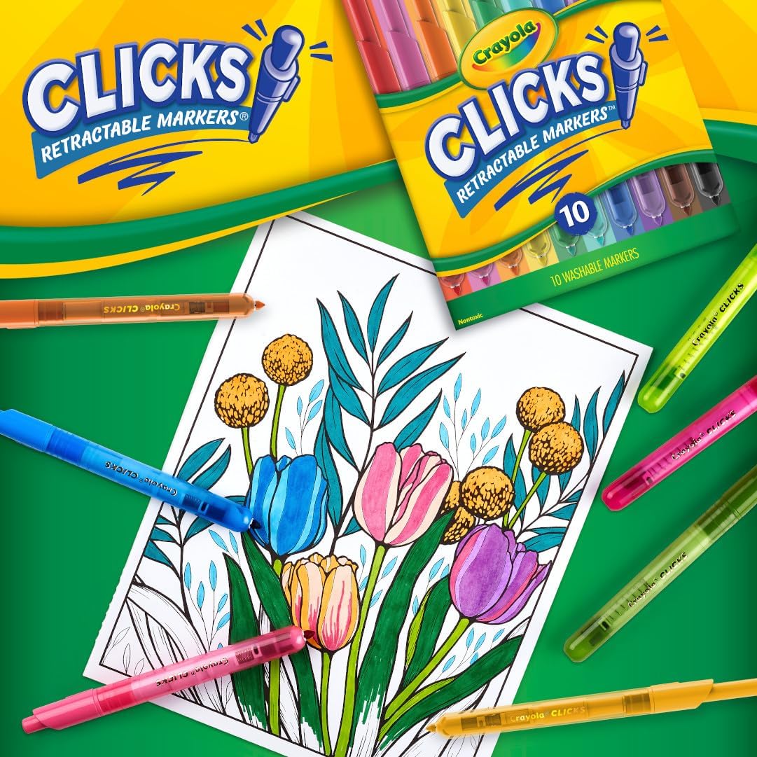 Crayola Clicks Retractable Tip Markers (10ct), Washable Cone Tip Art Marker