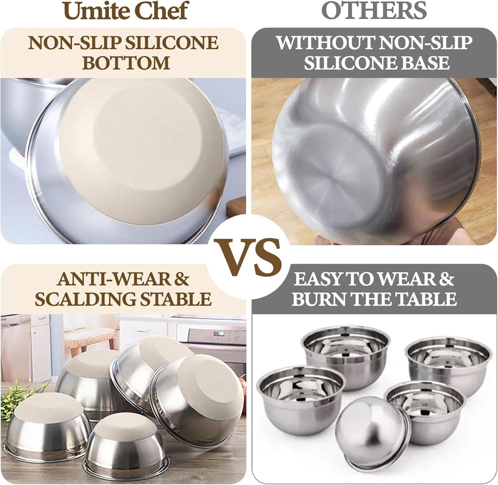Umite Chef Mixing Bowls with Airtight Lids Set, 8PCS Stainless Steel Khaki