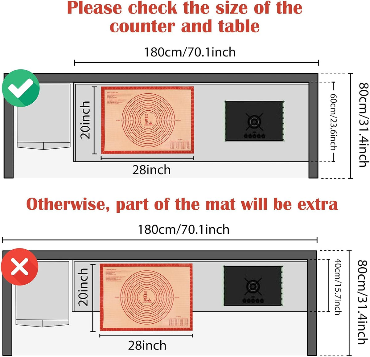 Non-slip Silicone Pastry Mat Extra Large with Measurements 28''By 20'' for