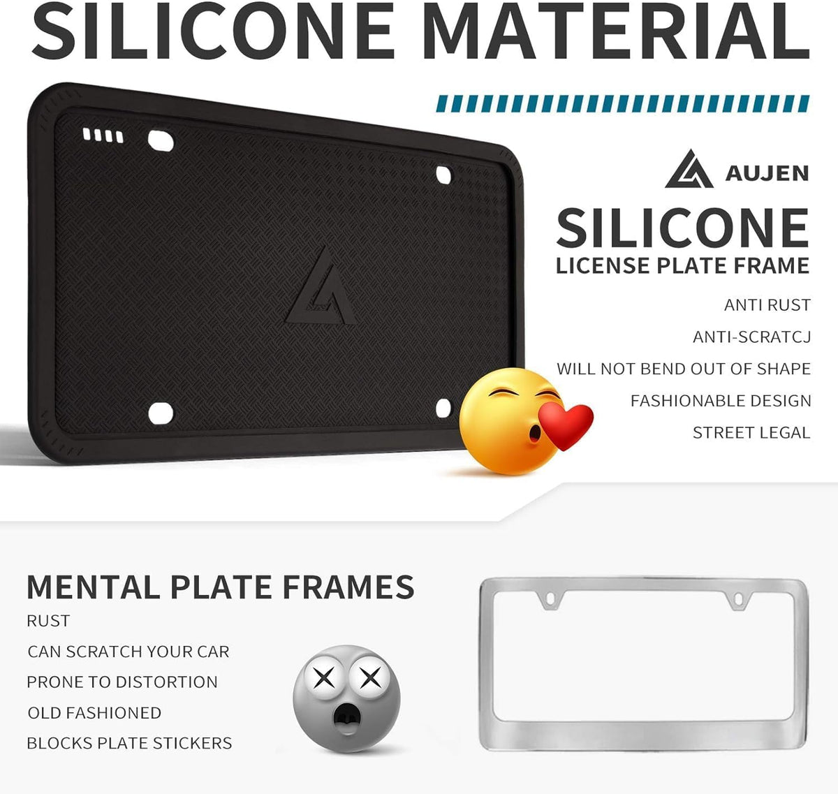 Aujen Silicone License Plate Frames Black, 2 Pack Car License Plate Frame