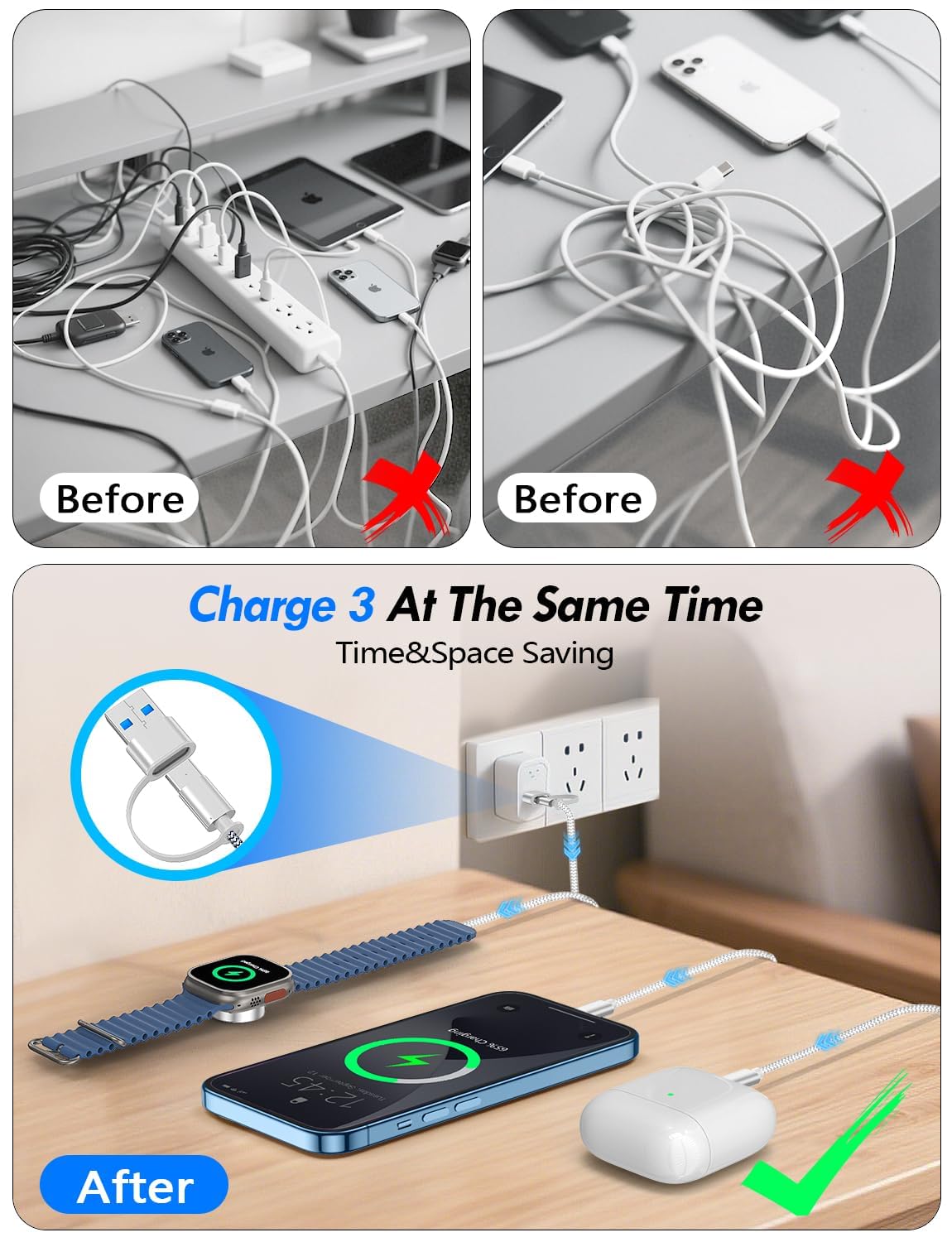 Travel Essentials for Apple Watch Charger,iPhone Charger,3 in 2 Type