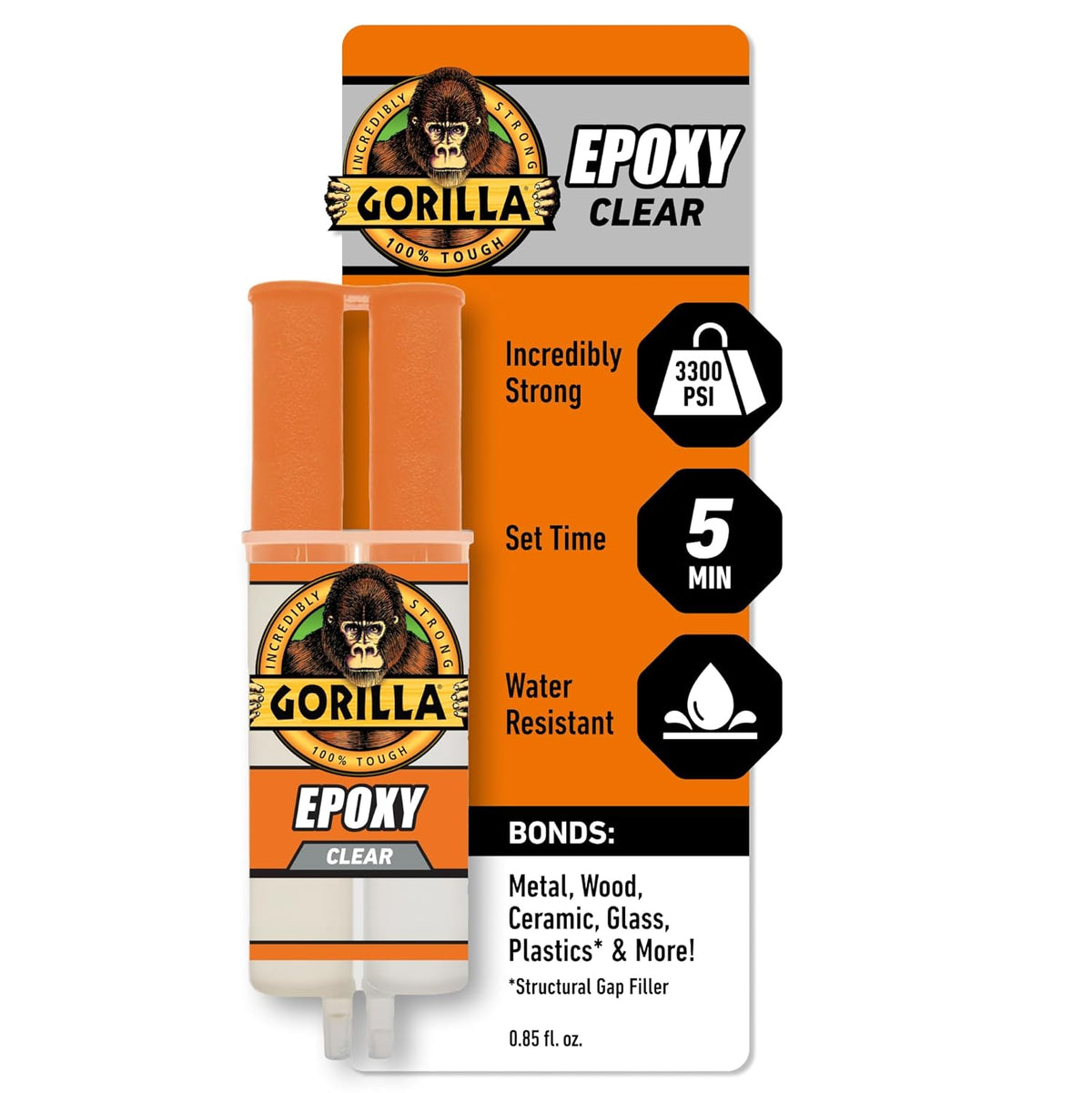 Gorilla 2 Part Epoxy, Clear Epoxy, 0.85 Ounce Syringe (Pack of 1) - 5 Minute