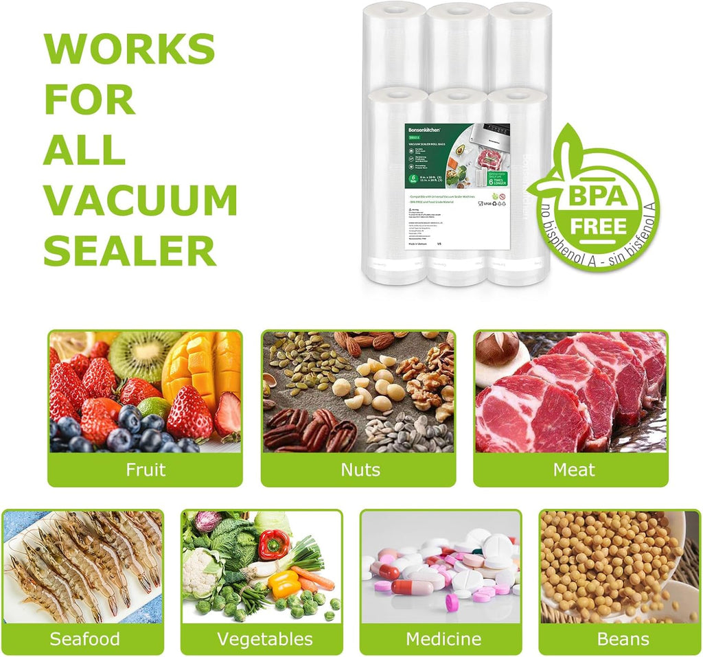 Bonsenkitchen Vacuum Sealer Rolls Bags, 6 Pack 3 Rolls 11" x 20' + 3 Rolls 8"