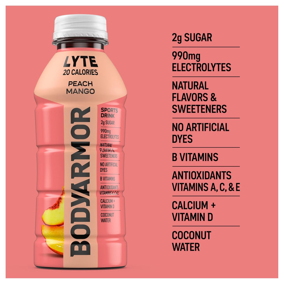 BODYARMOR LYTE, Peach Mango, Electrolyte Drink, 20 Calories, 16 Fl Oz Bottles