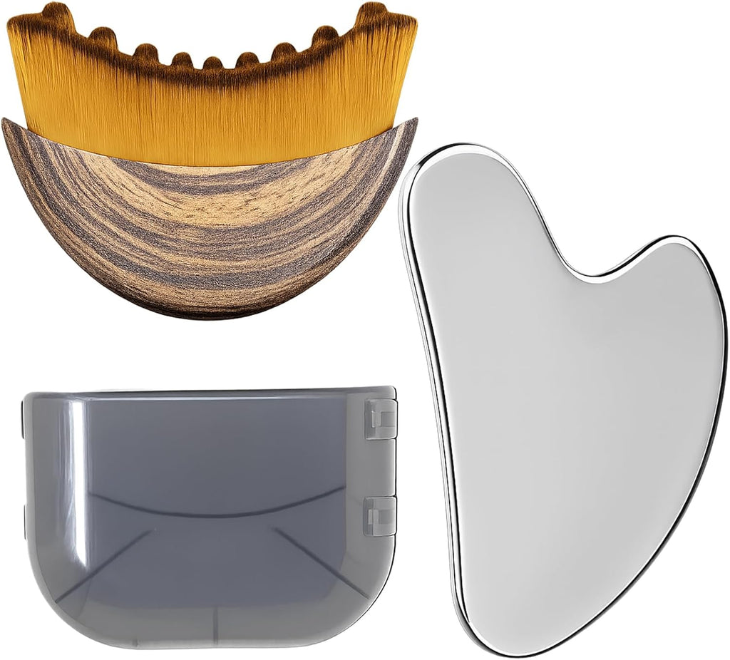 Stainless Steel Gua Sha Tool & Lymphatic Drainage Face Brush Set, TWPER