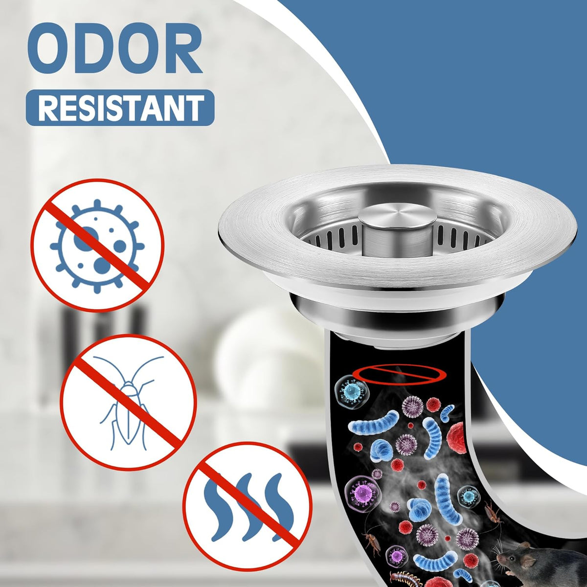 Kitchen Sink Drain Strainer 3 in 1, 304 Stainless Steel Pop Up Sink Stopper