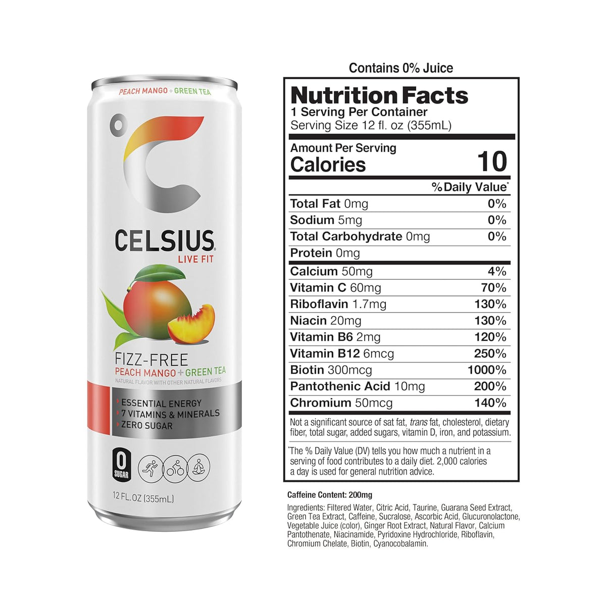 CELSIUS Fizz Free Peach Mango Green Tea, Sugar Free Energy Drink, 12 Fl Oz