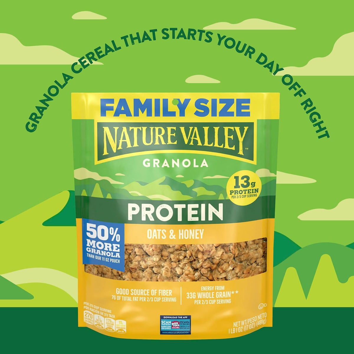 Nature Valley Protein Granola, Oats and Honey Granola, Resealable Snack