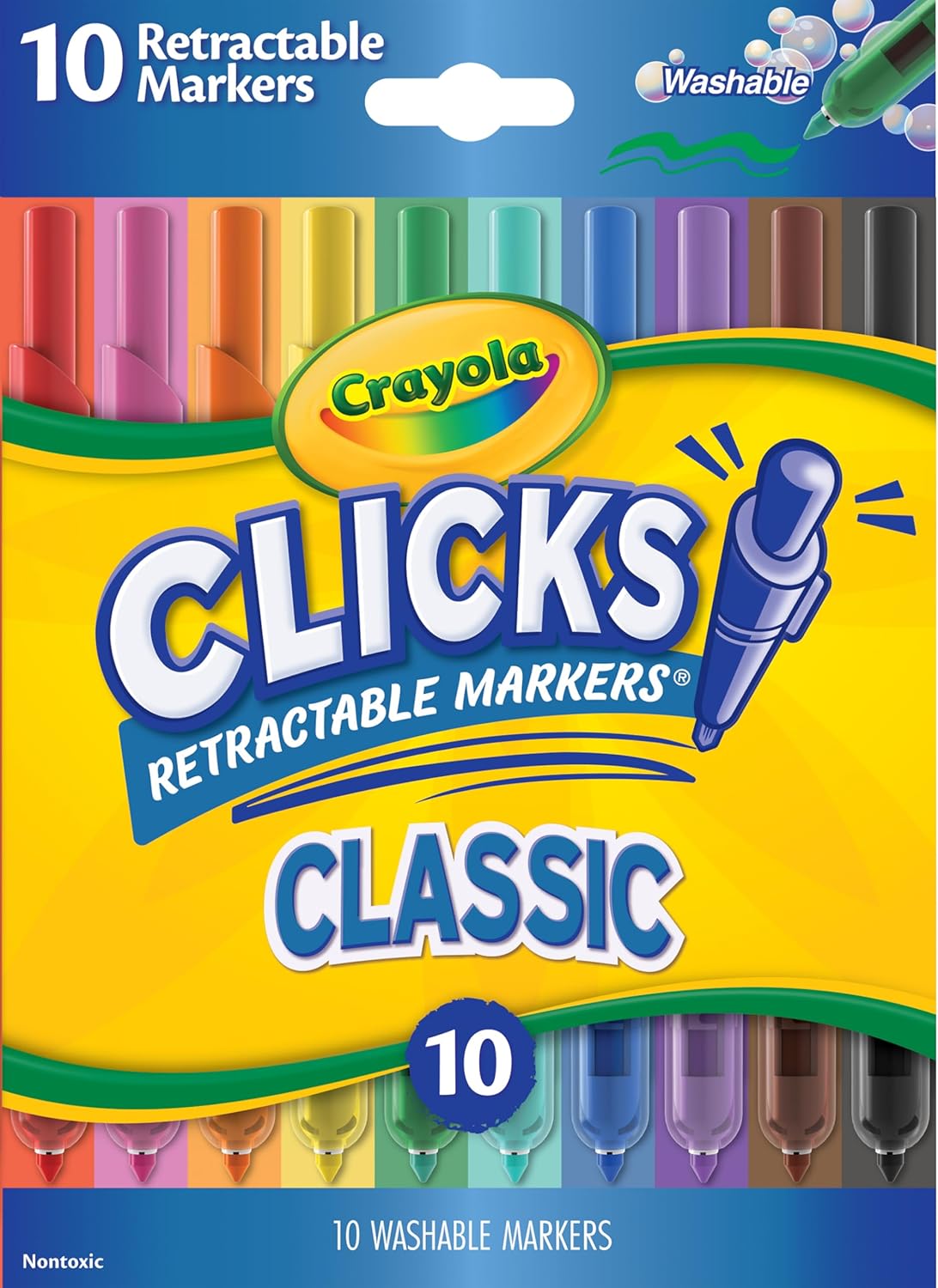 Crayola Clicks Retractable Tip Markers (10ct), Washable Cone Tip Art Marker