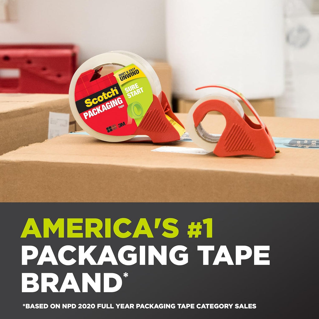 Scotch Sure Start Packing Tape, Clear, Quiet Unwind and Easy Start, 1.88 in.