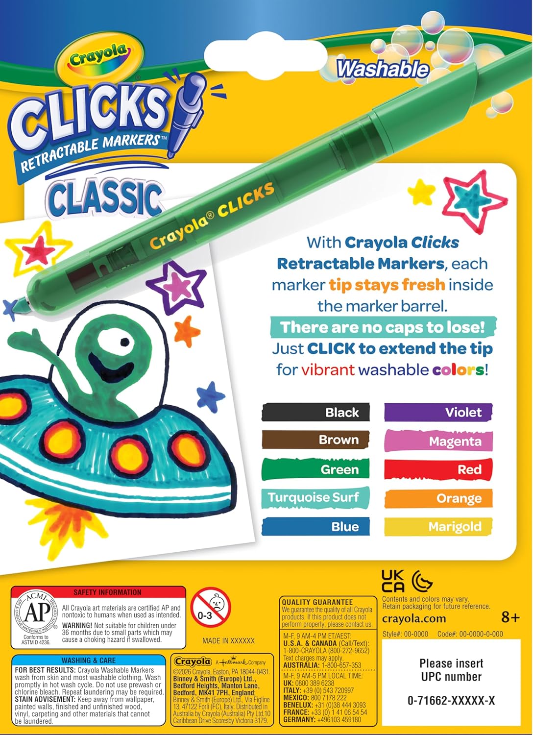 Crayola Clicks Retractable Tip Markers (10ct), Washable Cone Tip Art Marker