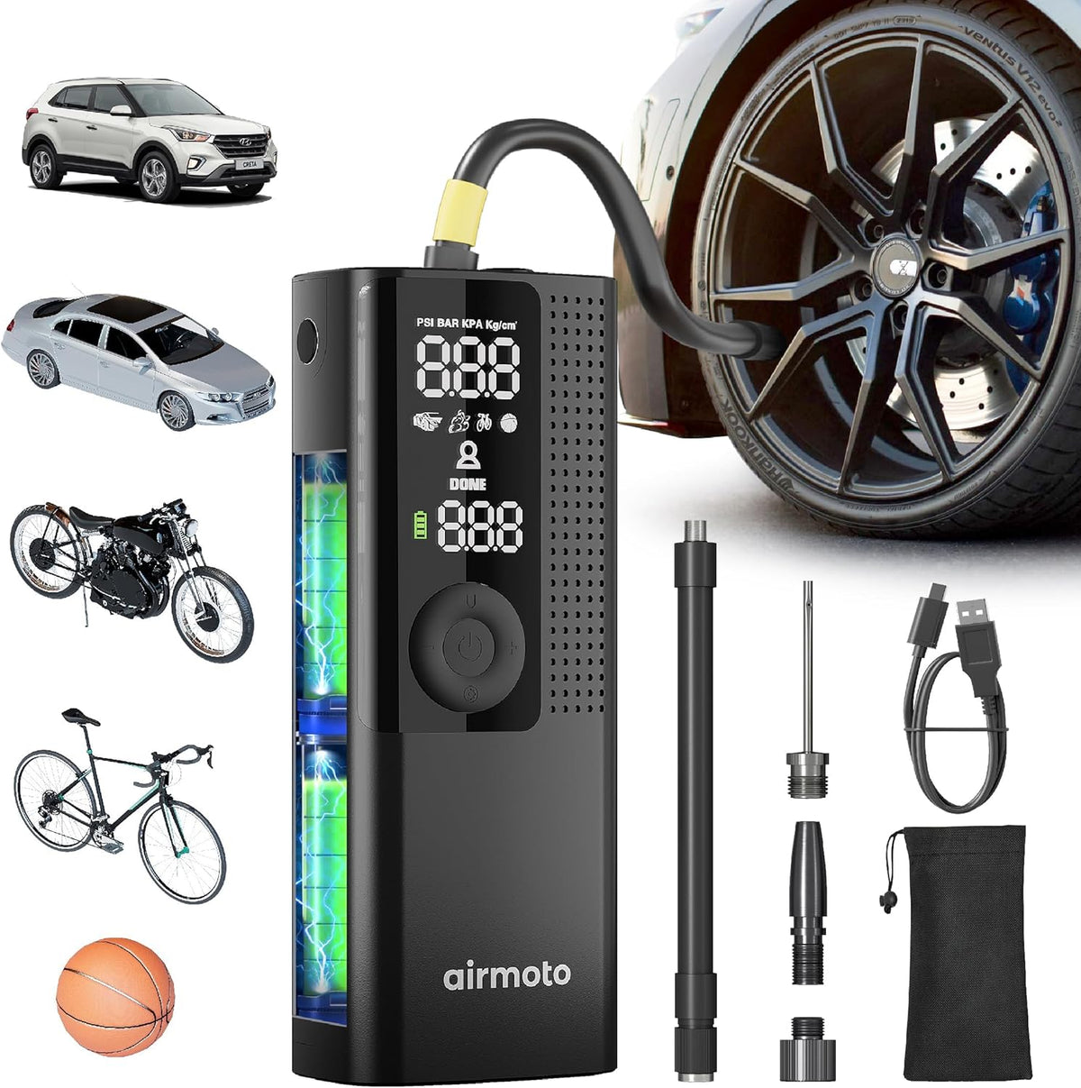 Airmoto Tire Inflator Portable Air Compressor - Air Pump For Car Tires with