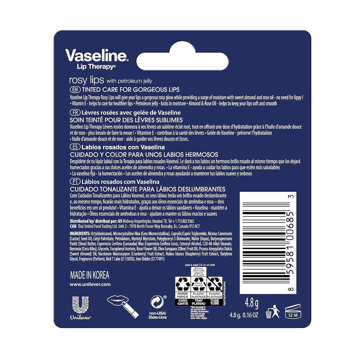 Vaseline Lip Therapy Care Rosy, Fast-Acting Nourishment, Ideal for Chapped
